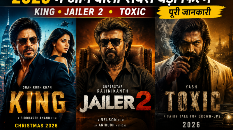 2026 में आने वाली सबसे बड़ी फिल्में King, Jailer 2 और Toxic का फीचर्ड पोस्टर, जिसमें शाहरुख खान, रजनीकांत और यश की आगामी फिल्मों की जानकारी दिखाई गई है।