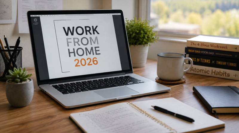 Professional home office setup for Work From Home 2026 with laptop, notebook and remote working environment